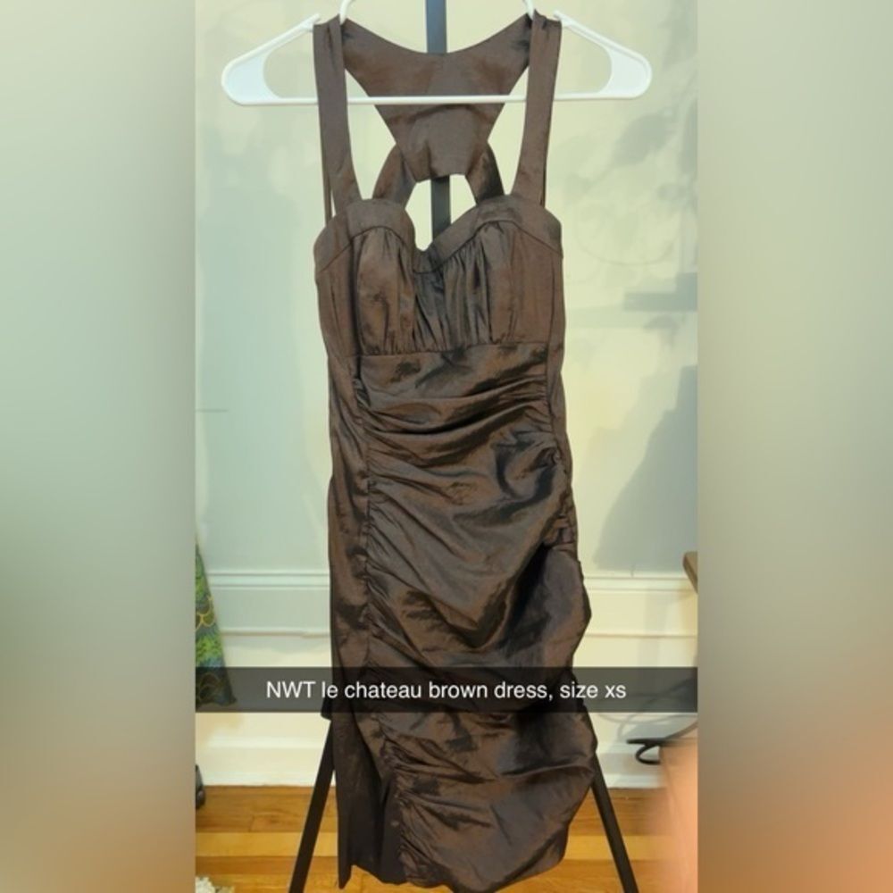 le chateau brown cocktail exposed back mini dress